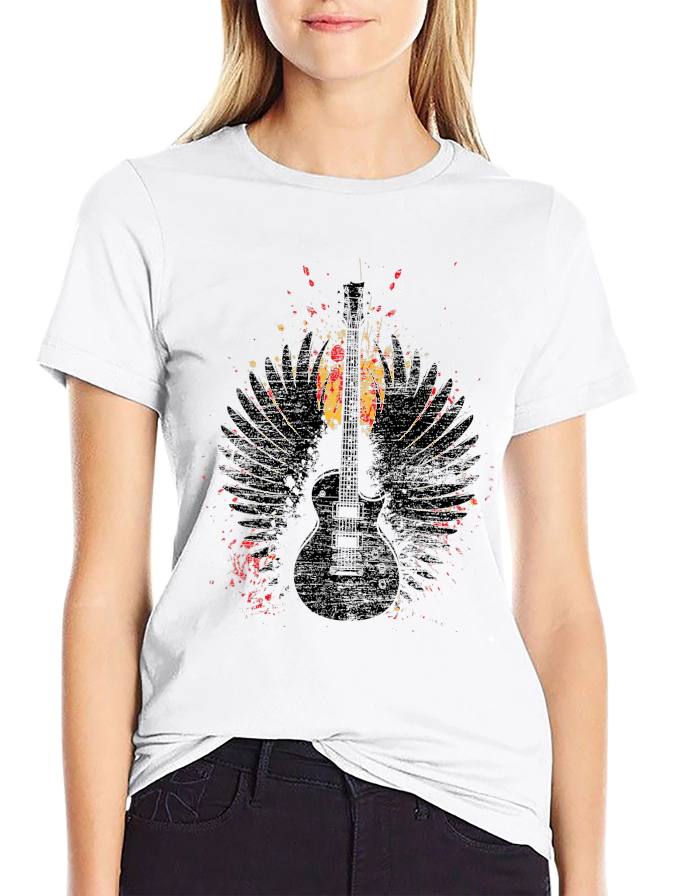 Black Grunge Guitar Wings Graphic Tee - Rock Style Shirt view 9