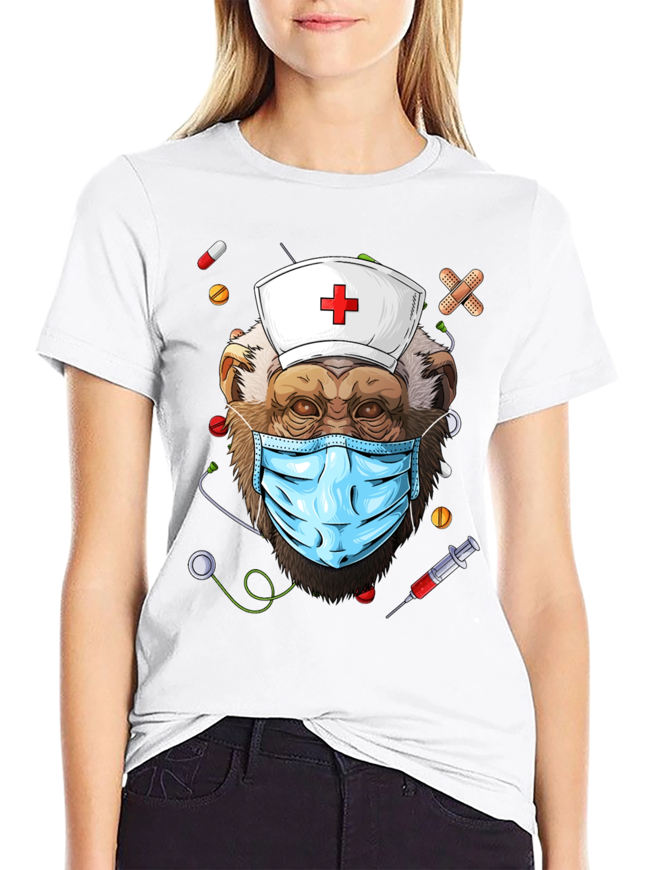 Black Nurse Monkey Graphic T-Shirt - Unique & Fun Design! view 9