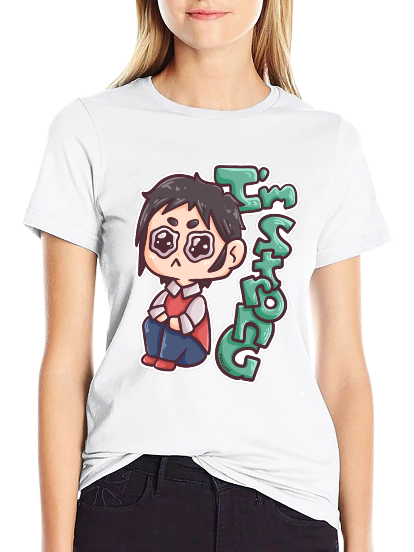 Black Chibi Anime "I'm Strong" Graphic Black T-Shirt view 9