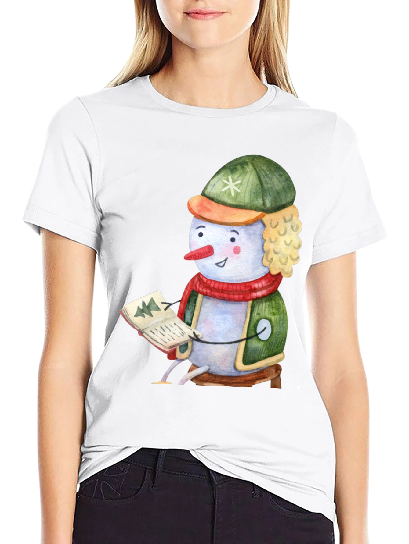 Black Festive Snowman Reading T-Shirt view 9