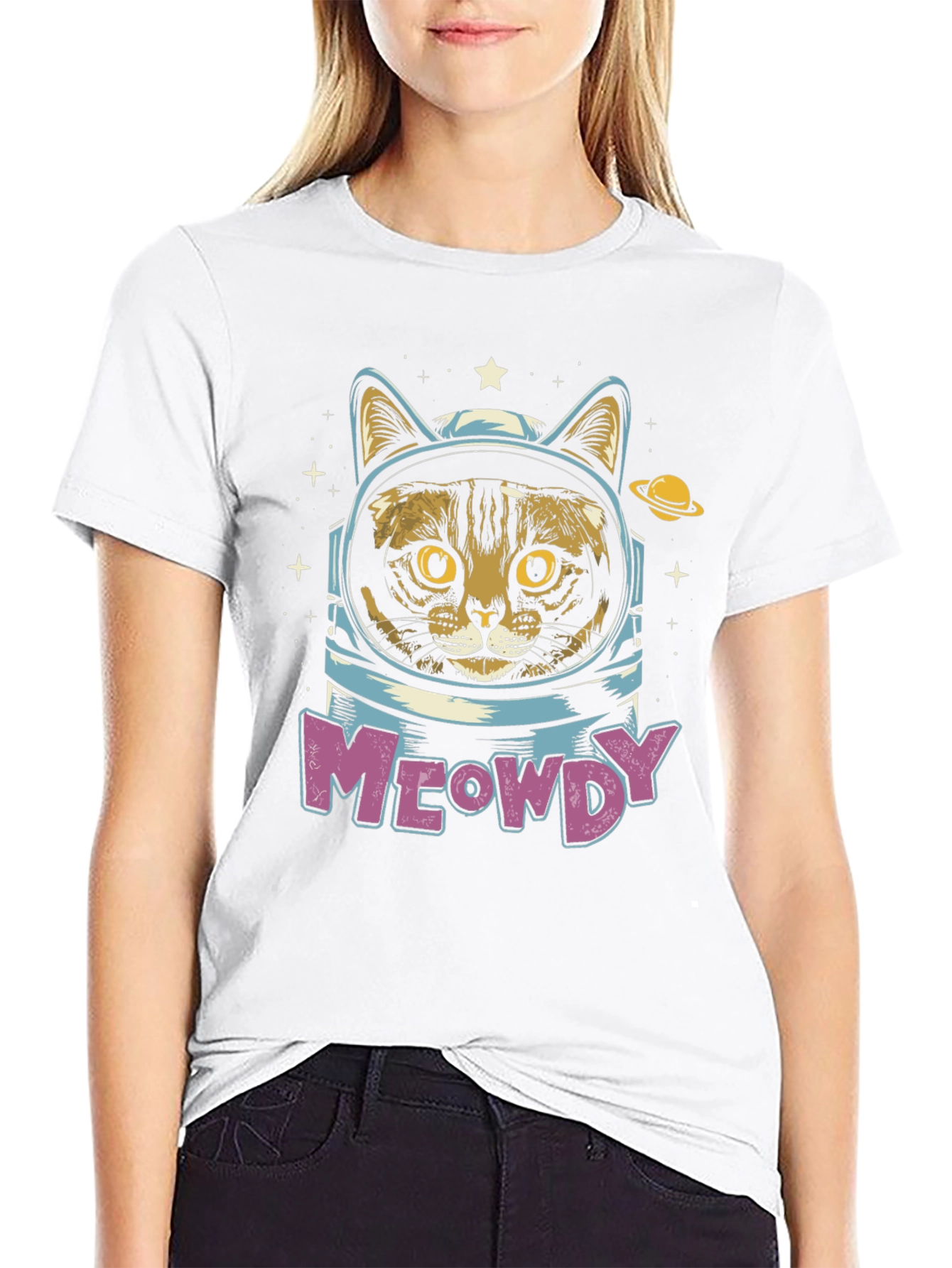 Black Meowdy Cat Astronaut T-Shirt - Space Kitty Tee view 9