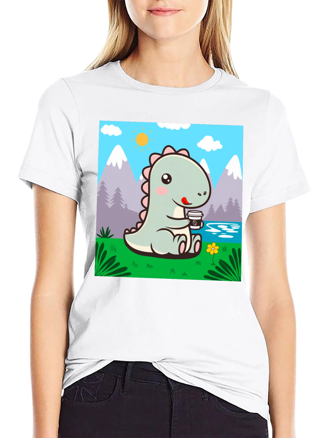 Black Cute Dinosaur Coffee T-Shirt view 9