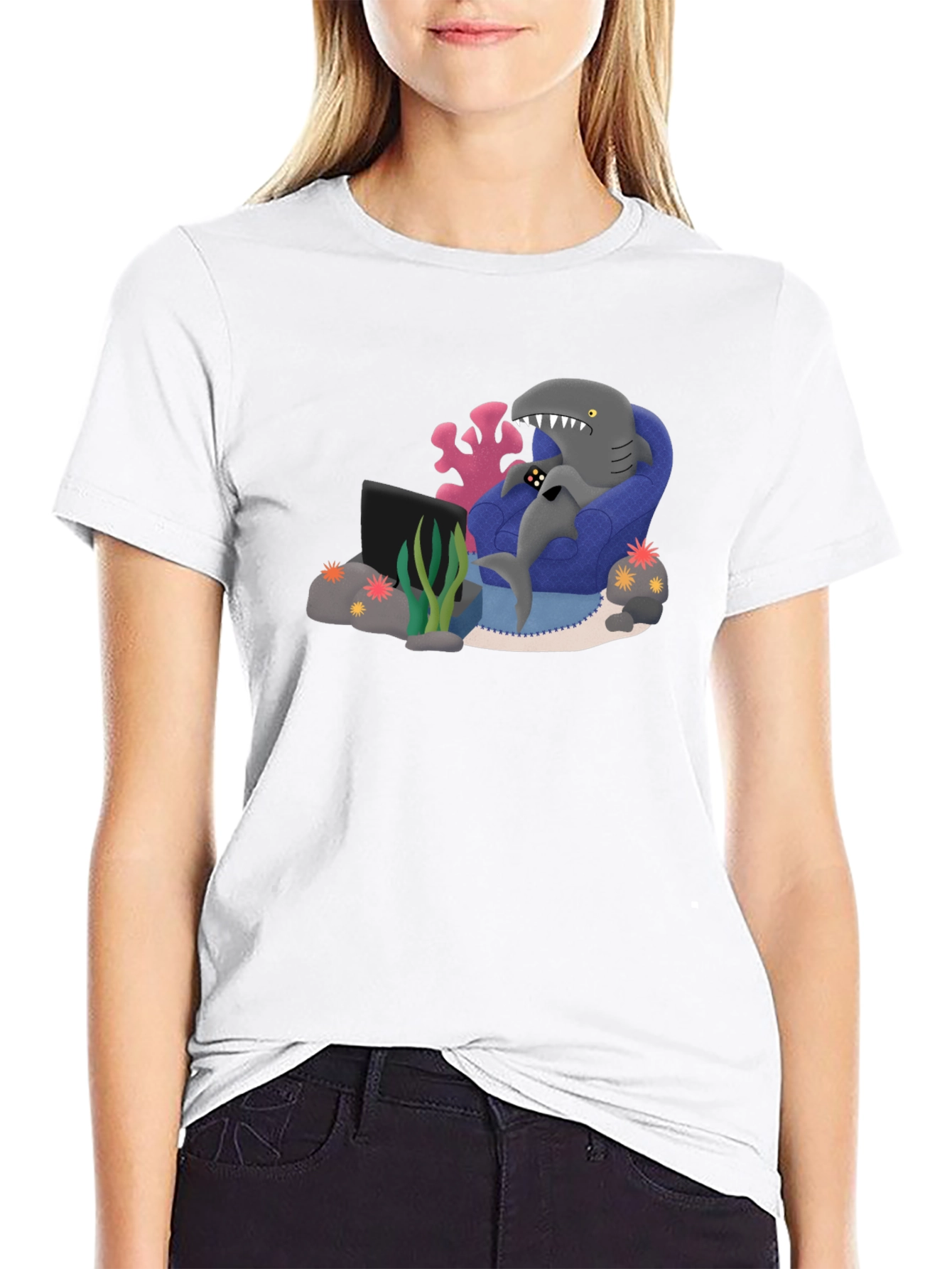 Black Gamer Shark Graphic Tee - Comfy and Fun! view 9