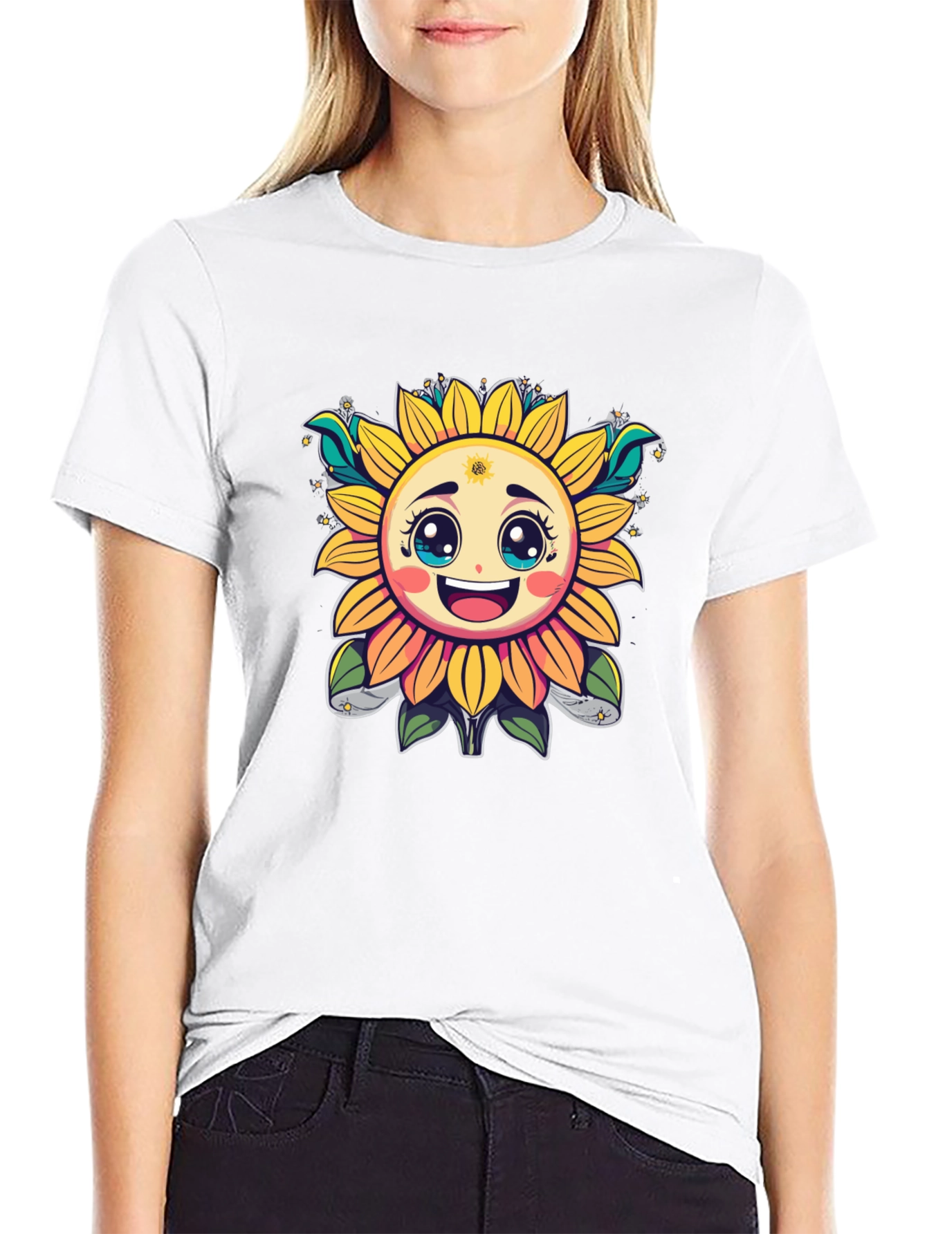 Black Happy Sunflower Graphic T-Shirt - Cheerful Black Tee view 9
