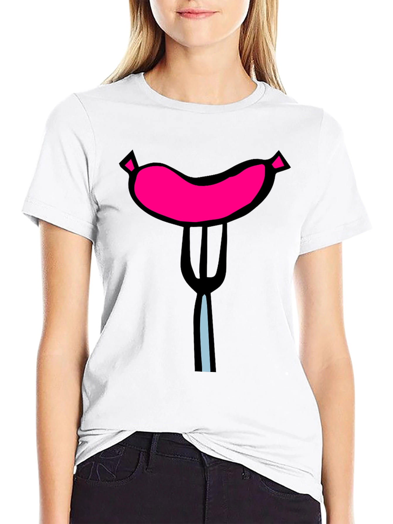 Black Funny Sausage on Fork Black T-Shirt view 9