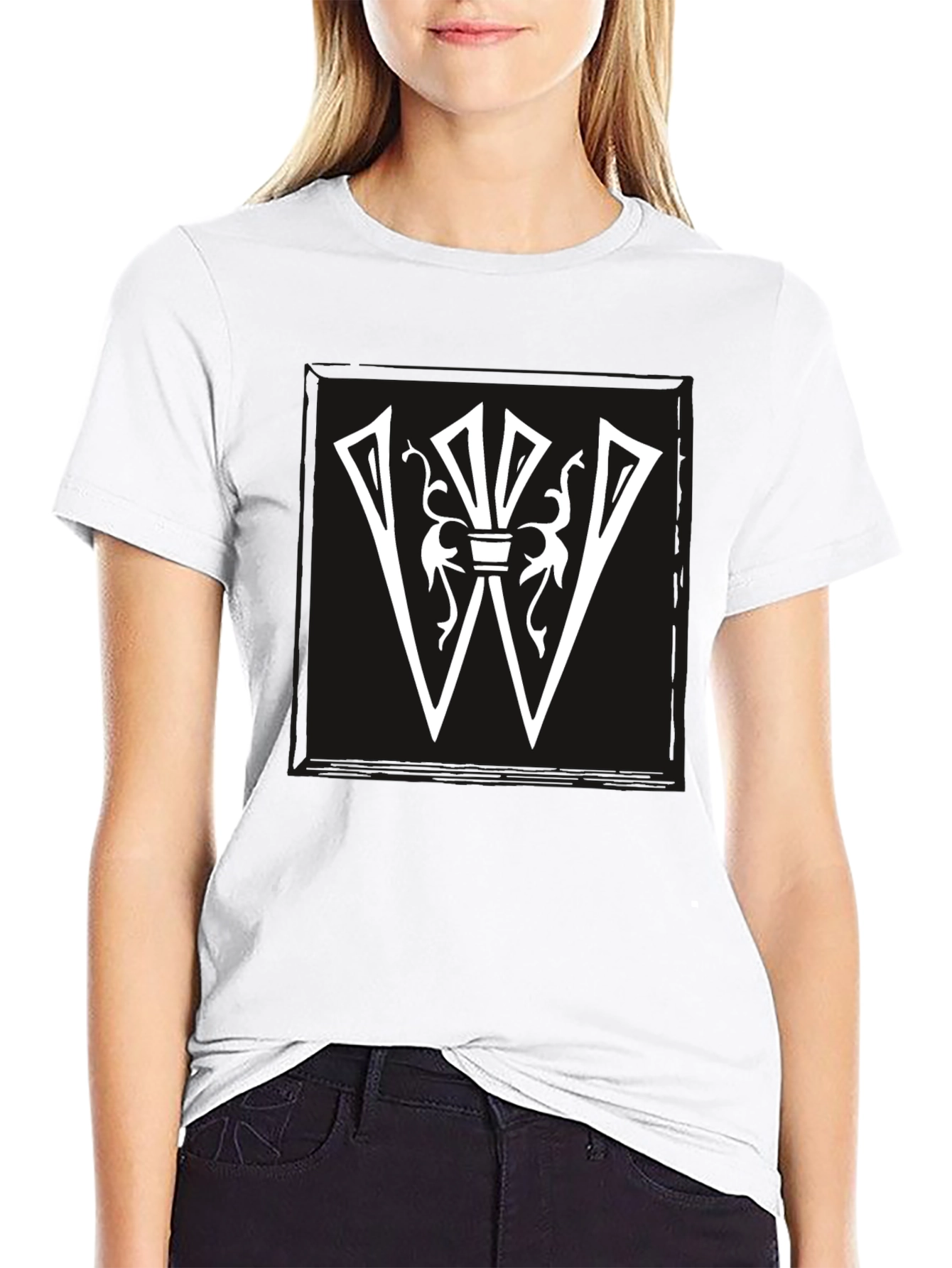 Black Graphic Tee: White Letter W Design on Black Shirt view 9