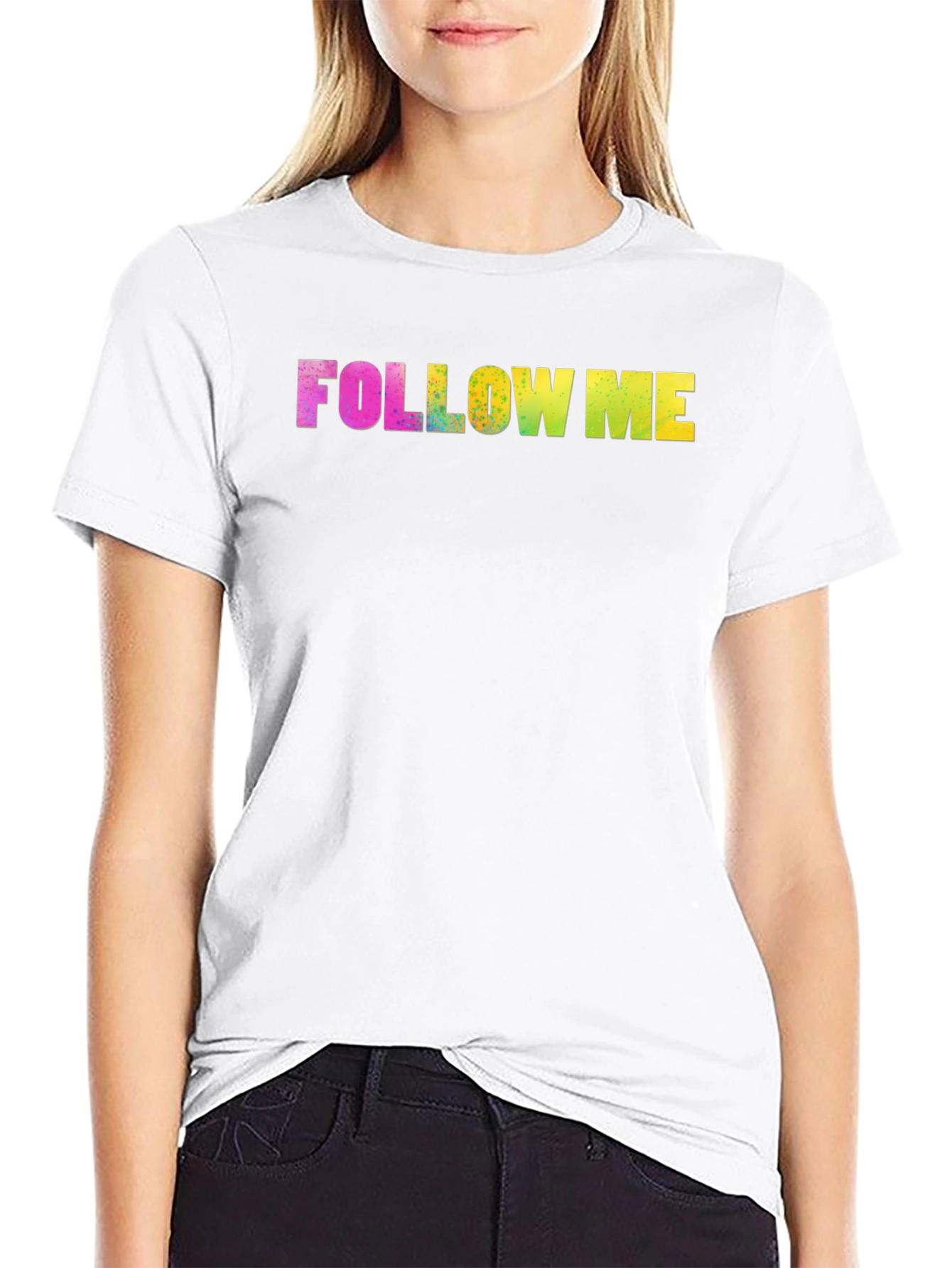 Black Follow Me Rainbow Text Black Tee view 9