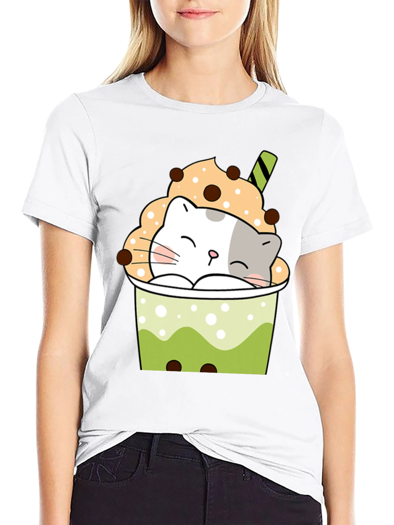 Black Cute Boba Cat Black T-Shirt view 9