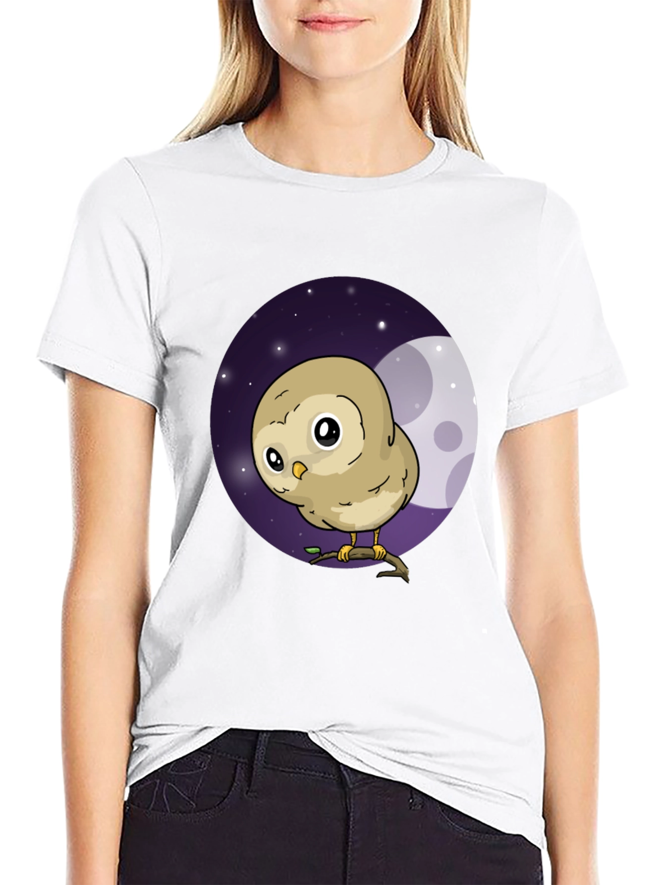 Black Cute Owl Moon Graphic Black T-Shirt view 9