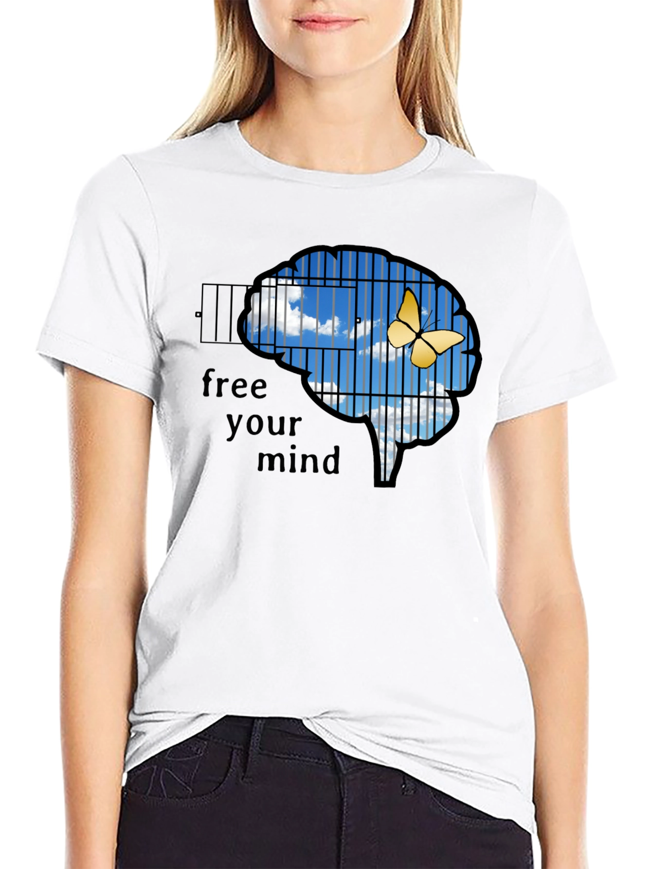 Black Free Your Mind T-Shirt: Brain Cage & Butterfly Graphic Tee view 9
