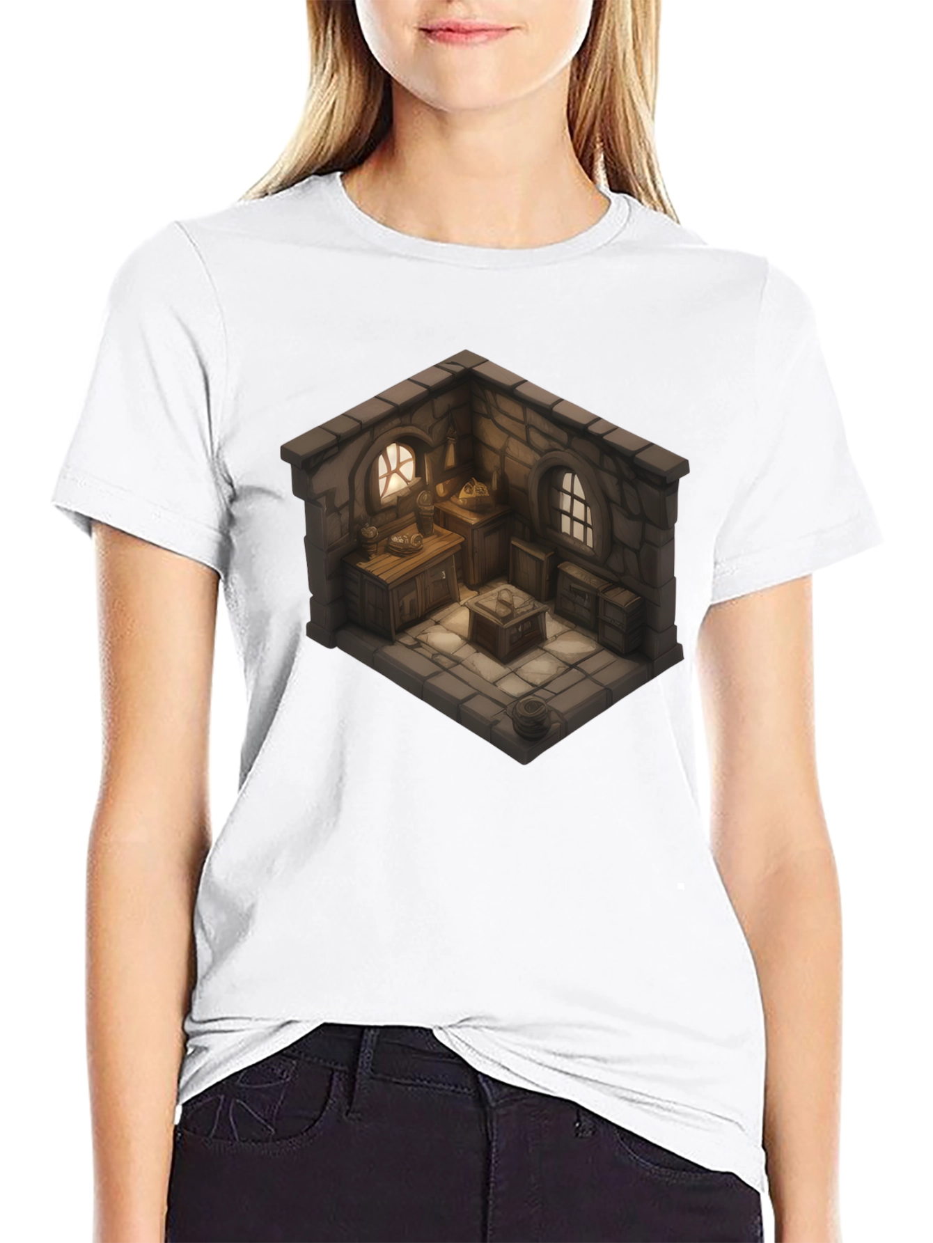 Black Isometric Medieval Room T-Shirt - Fantasy Decor Tee view 9