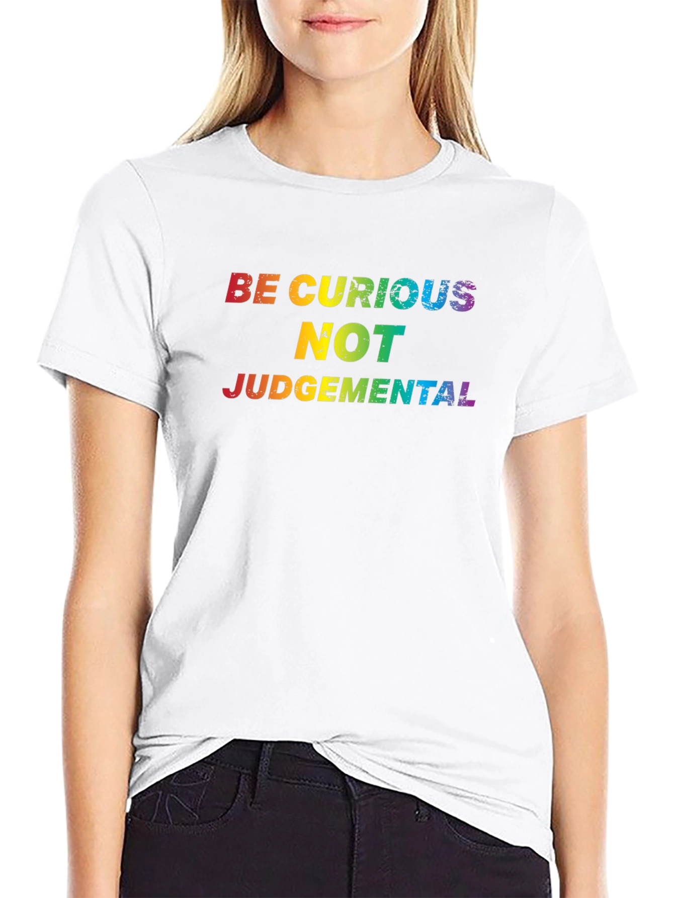 Black Be Curious Rainbow Text Black T-Shirt view 9