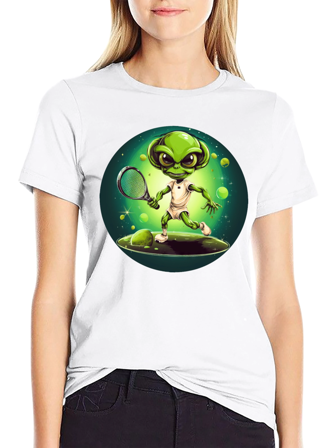 Black Alien Tennis Player T-Shirt - Funny Graphic Tee view 9