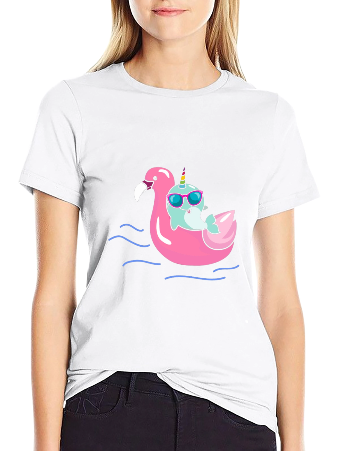 Black Narwhal on Flamingo Float Black T-Shirt view 9