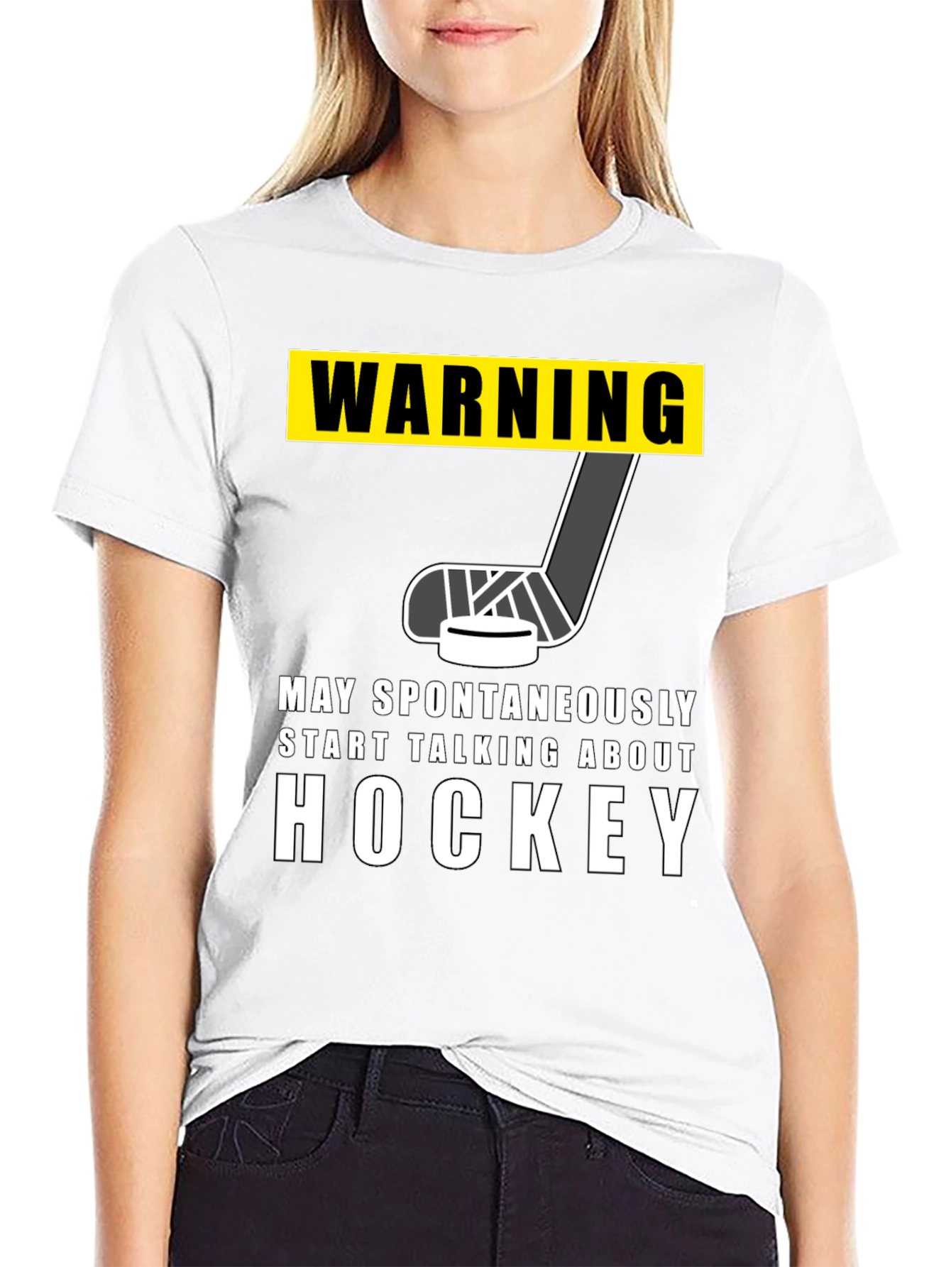 Black Warning Hockey T-Shirt - May Spontaneously Talk About Hockey view 9