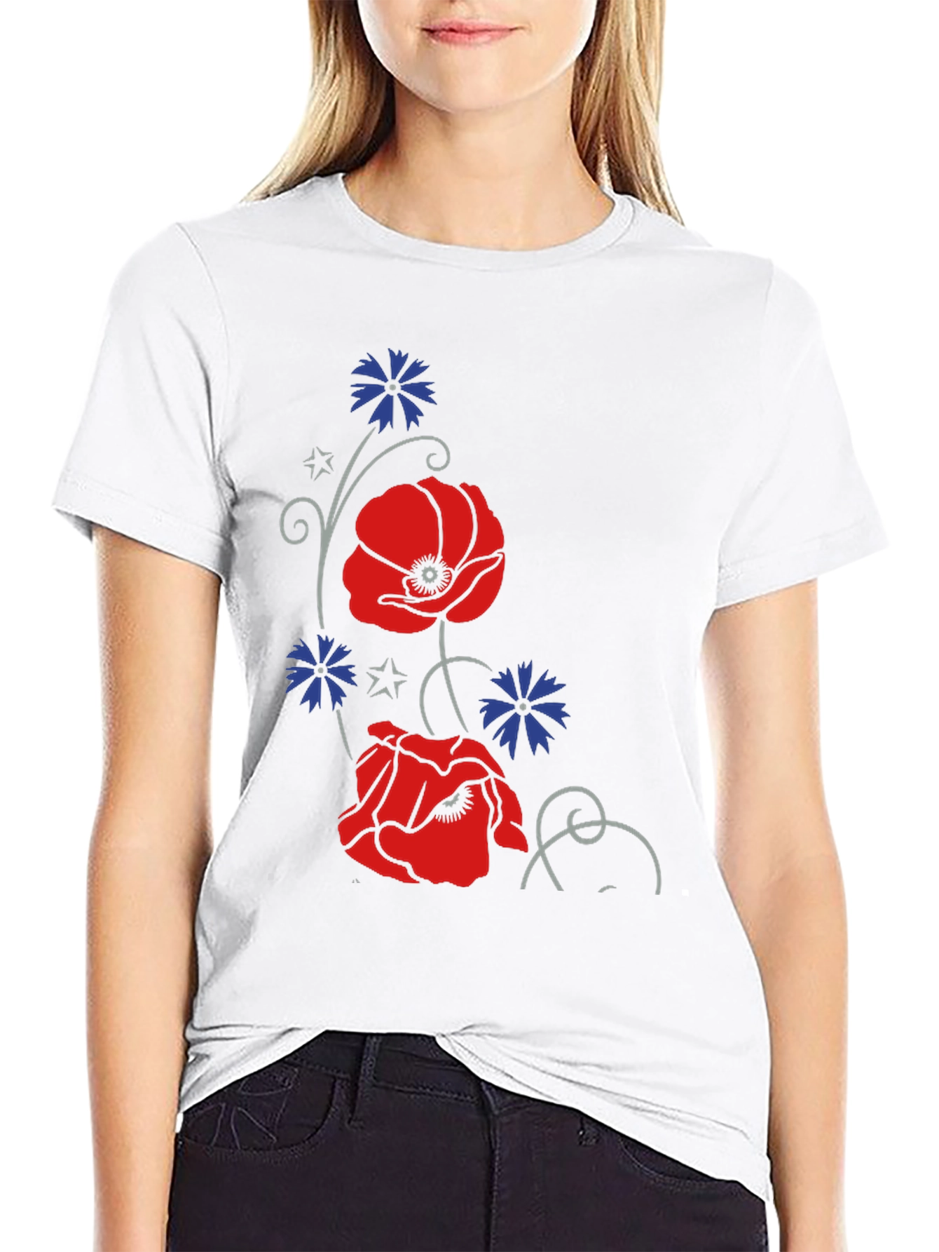 Black Floral Poppy & Cornflower Print Black T-Shirt view 9