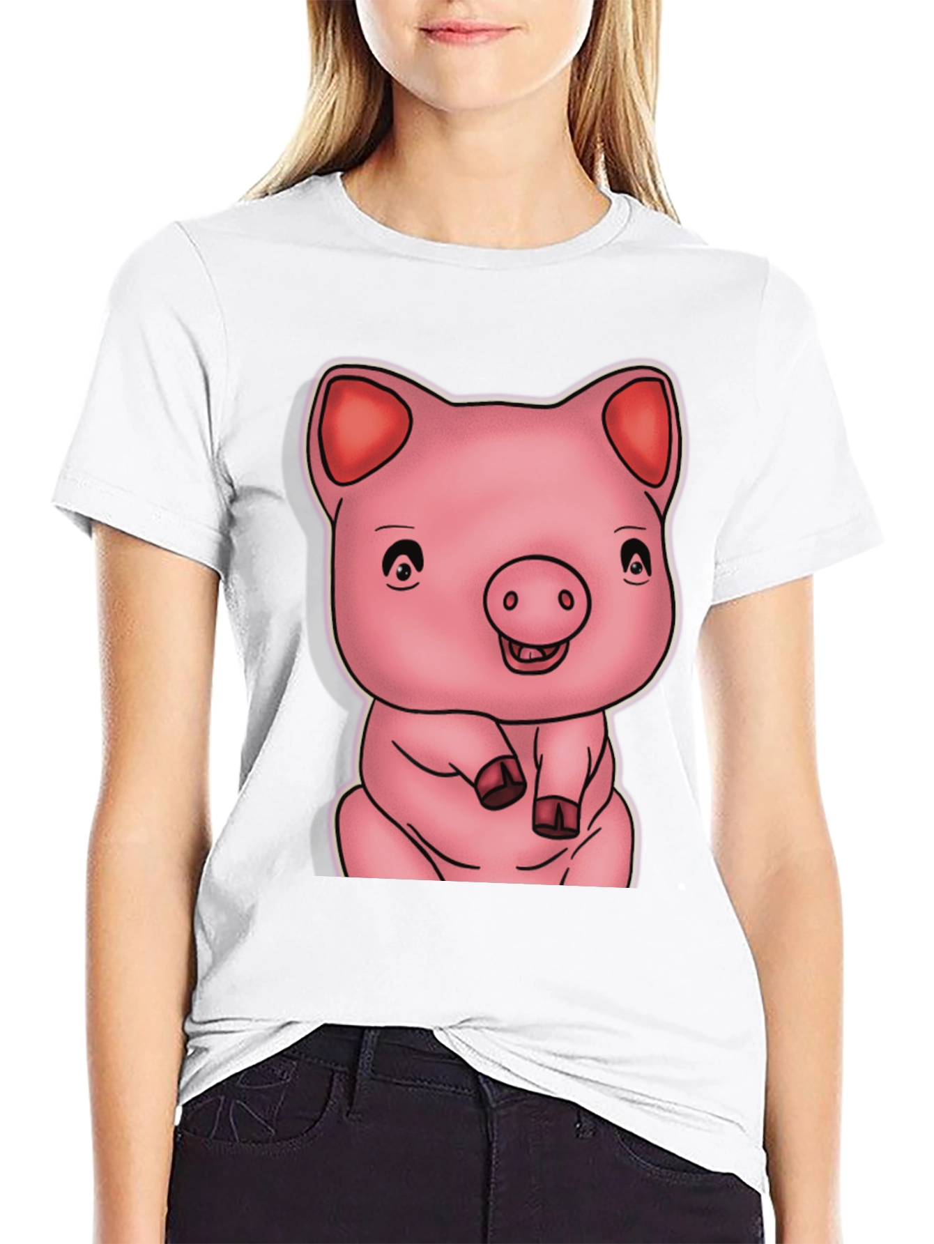 Black Cute Pig Graphic Black T-Shirt view 9