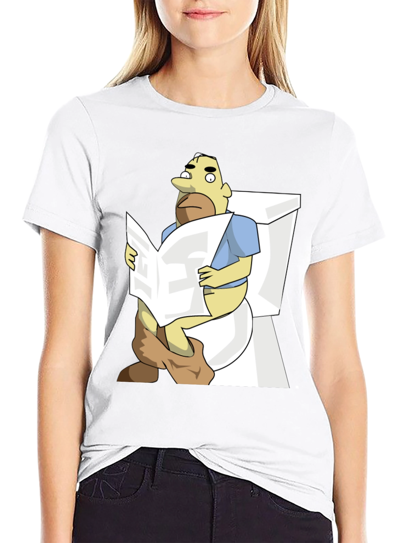Black Humorous Cartoon Man on Toilet T-Shirt view 9