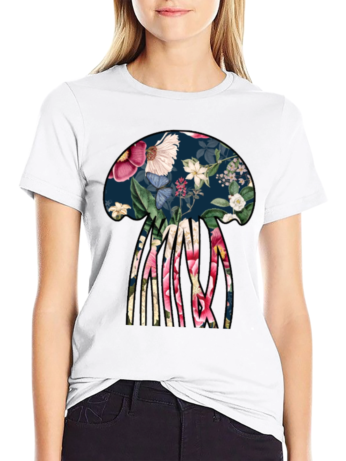 Black Floral Jellyfish Graphic Tee - Black Cotton T-Shirt view 9