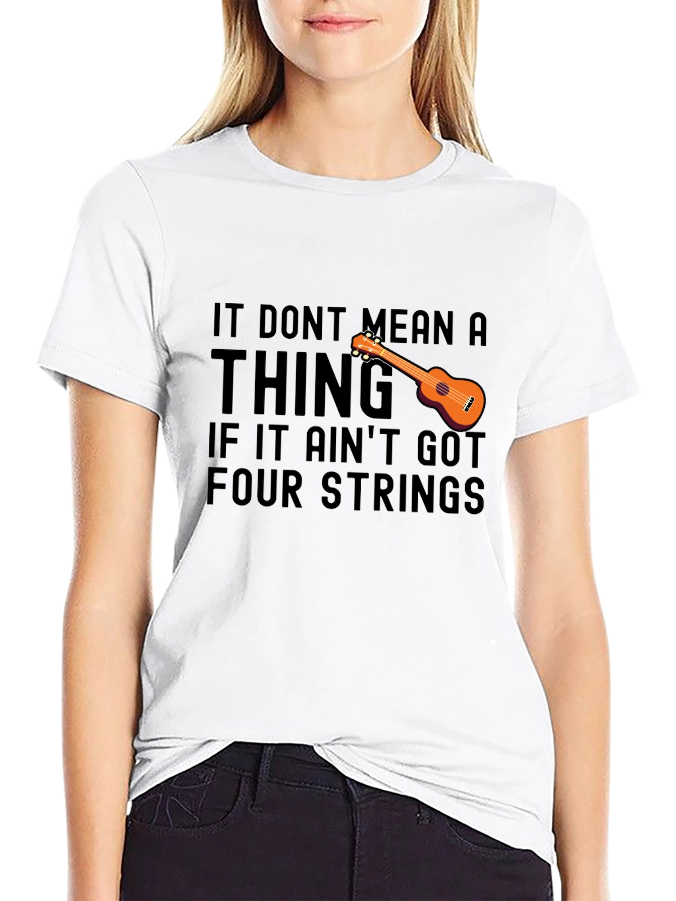 Black Ukulele T-Shirt: It Don't Mean a Thing, Four Strings view 9