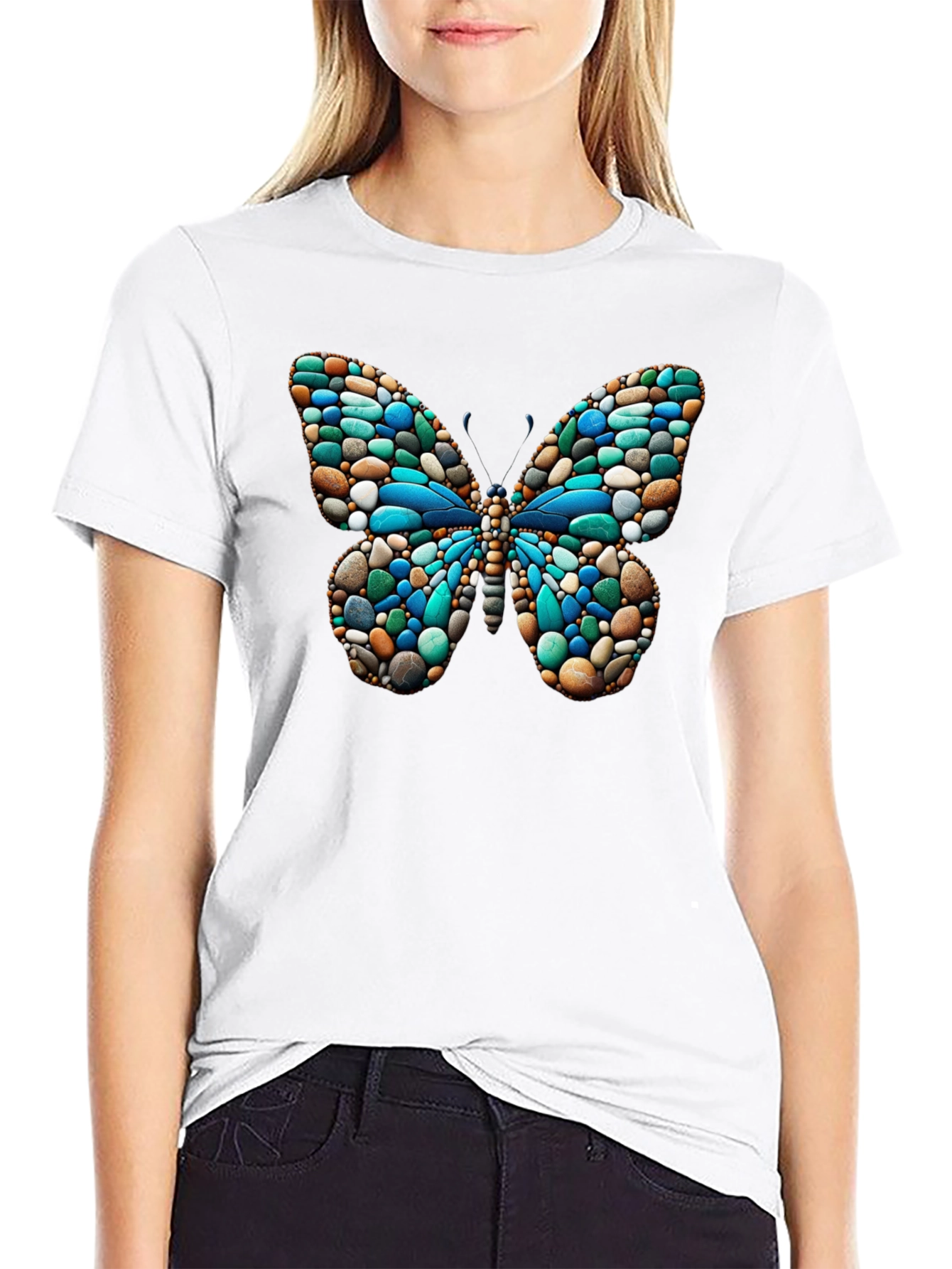 Black Butterfly Stone Pattern Black T-Shirt view 9