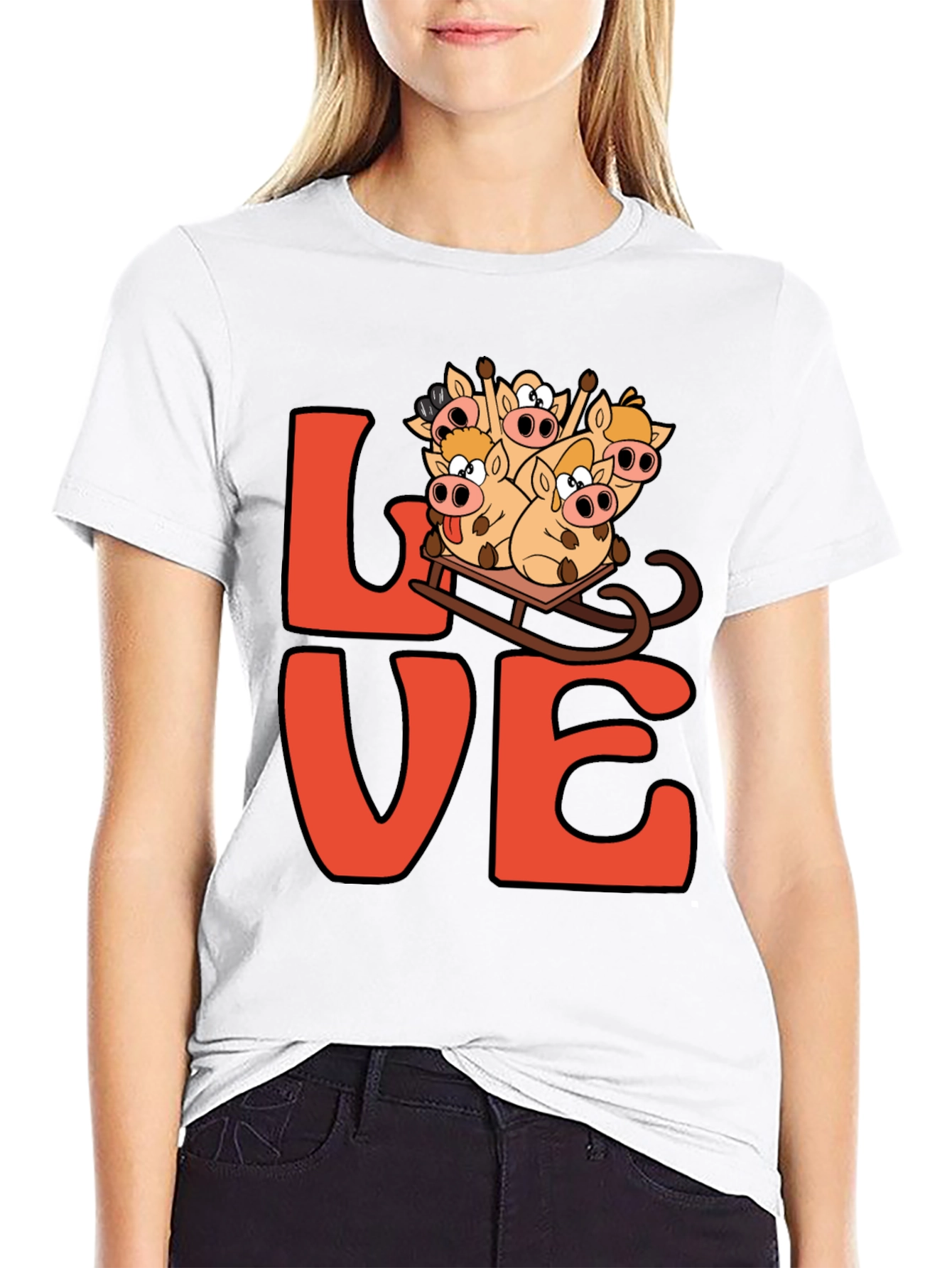 Black Love Pig Sled Black T-Shirt view 9