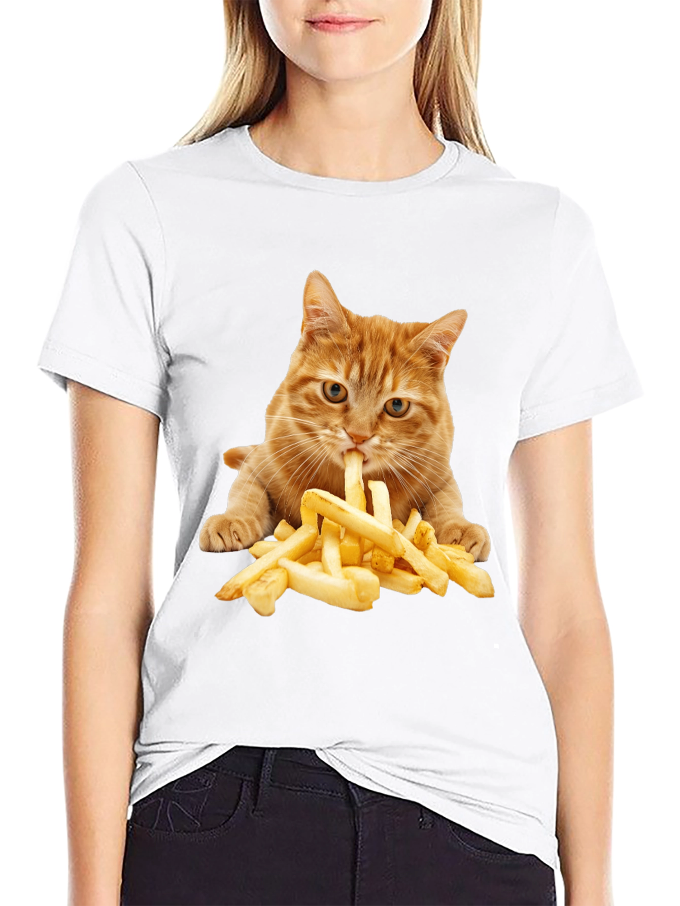 Black Cat Eating Fries Graphic Tee - Unisex T-Shirt view 9