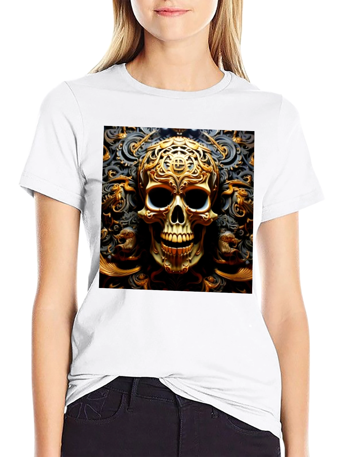 Black Ornate Gold Skull Graphic Tee view 9