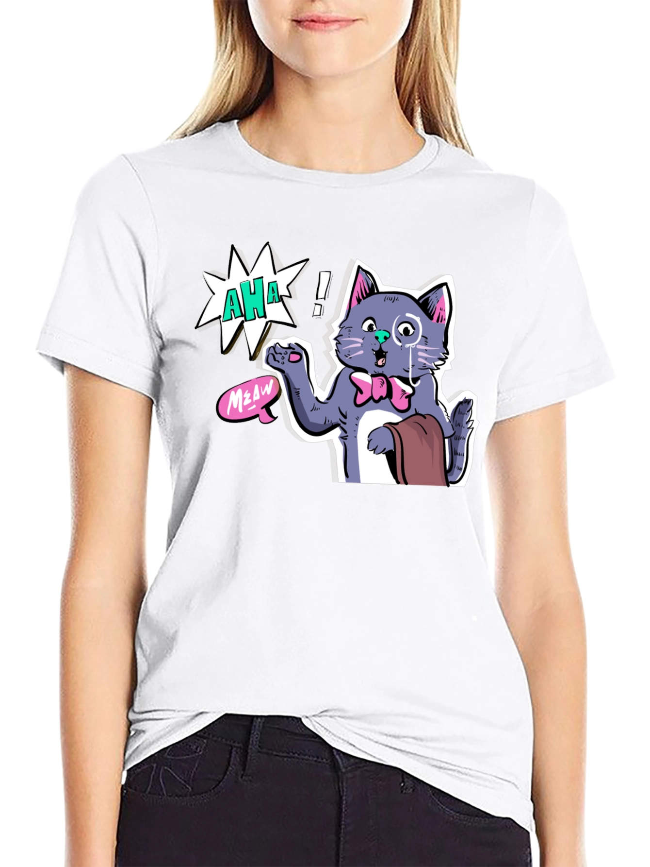 Black AHA! Monocled Cat Tee - Quirky Cartoon Style view 9