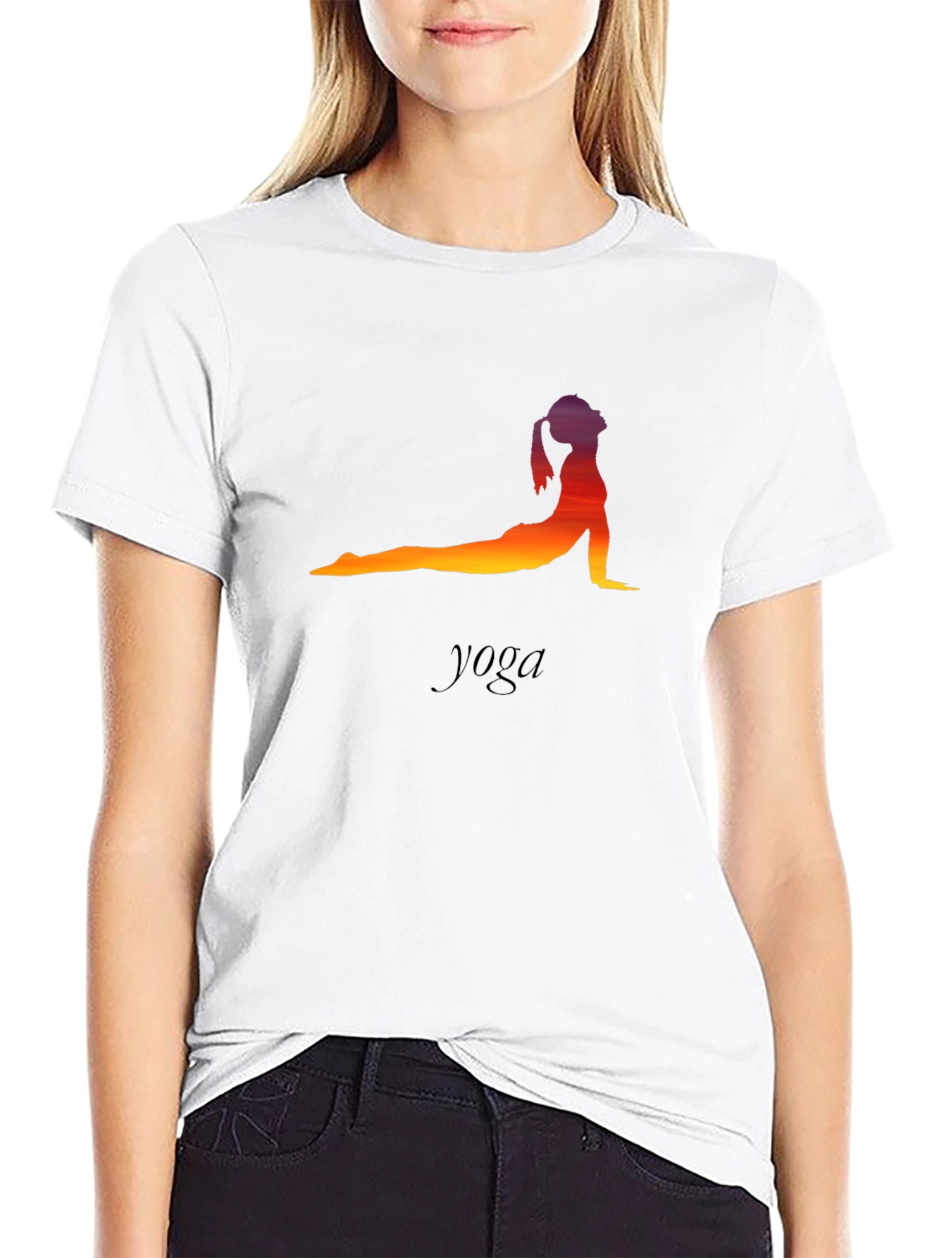 Black Yoga Pose T-Shirt - Sunset Silhouette view 9