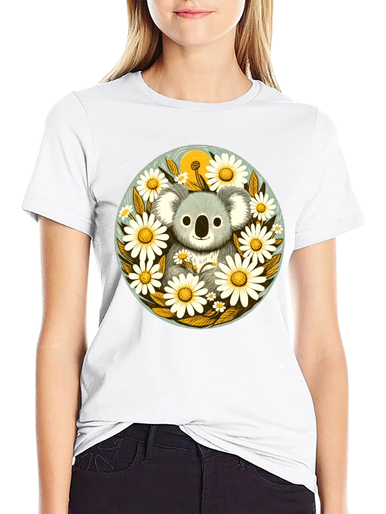 Black Koala & Daisy Graphic Tee - Black Cotton T-Shirt view 9