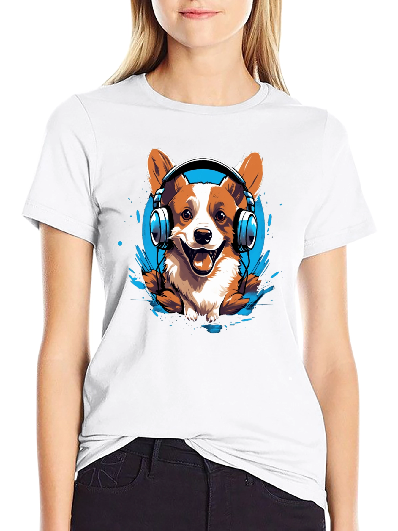 Black Corgi Headphones Graphic Tee view 9
