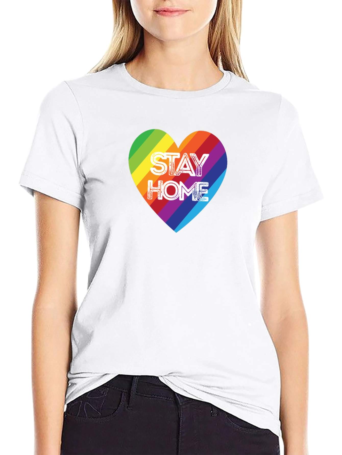 Black Stay Home Rainbow Heart Graphic Tee - Black Cotton T-Shirt view 9