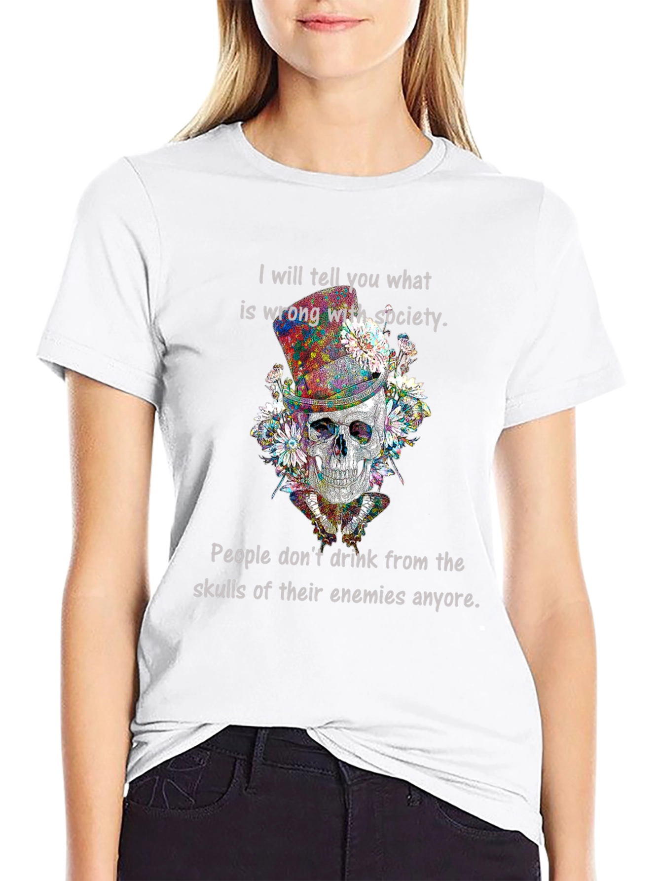 Black Skull & Flowers Graphic Tee - "What's Wrong with Society" view 9