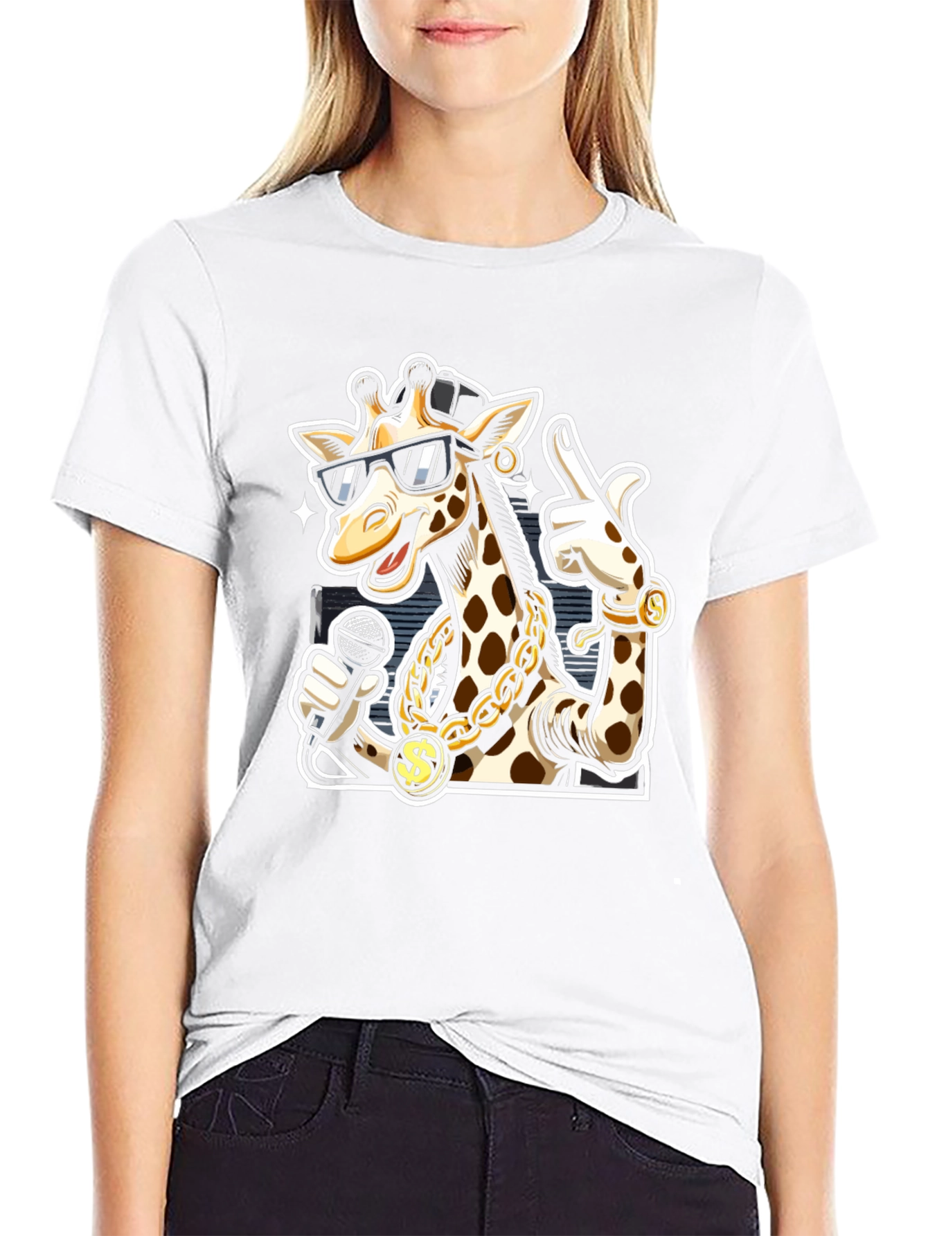 Black Rapper Giraffe T-Shirt - Funny Cartoon Graphic Tee view 9