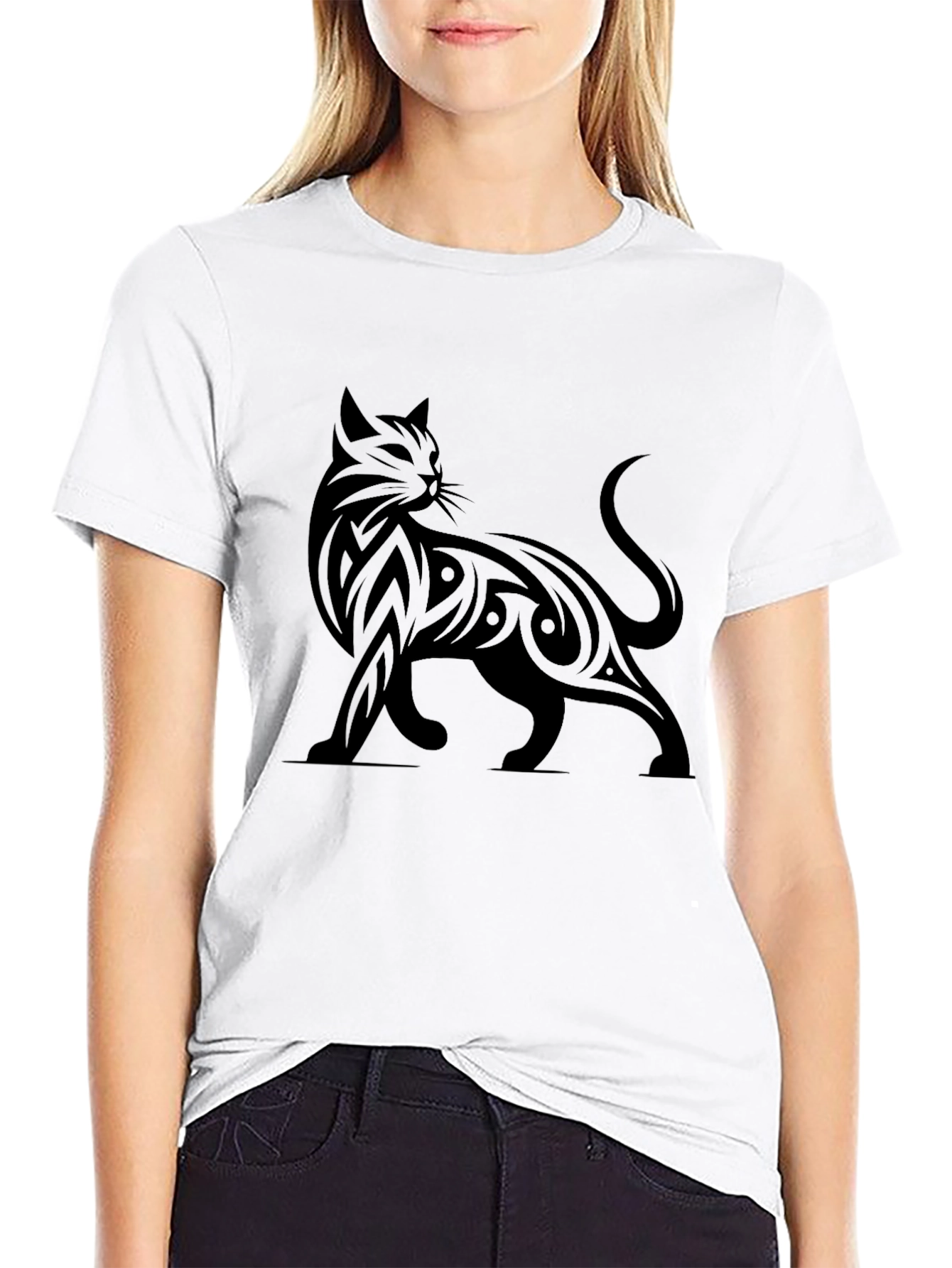 Black Tribal Cat Graphic Print T-Shirt view 9