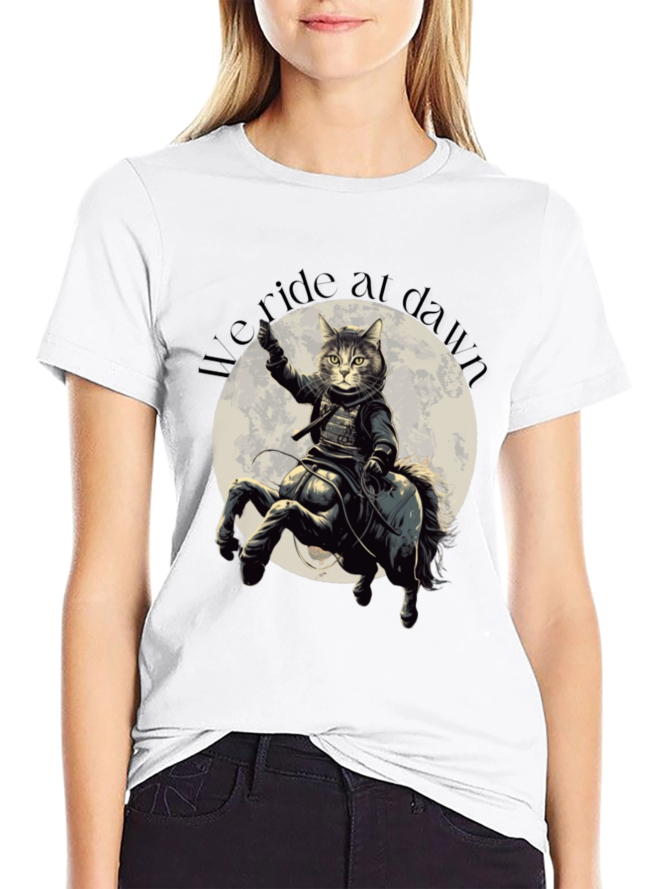 Black We Ride at Dawn Cat Centaur Graphic T-Shirt view 9