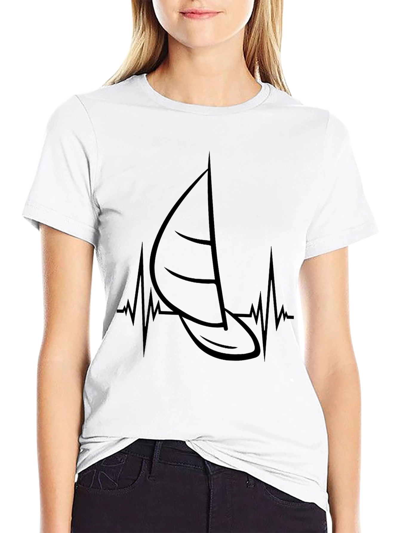 Black Sailboat Heartbeat Graphic Tee - Black Cotton T-Shirt view 9