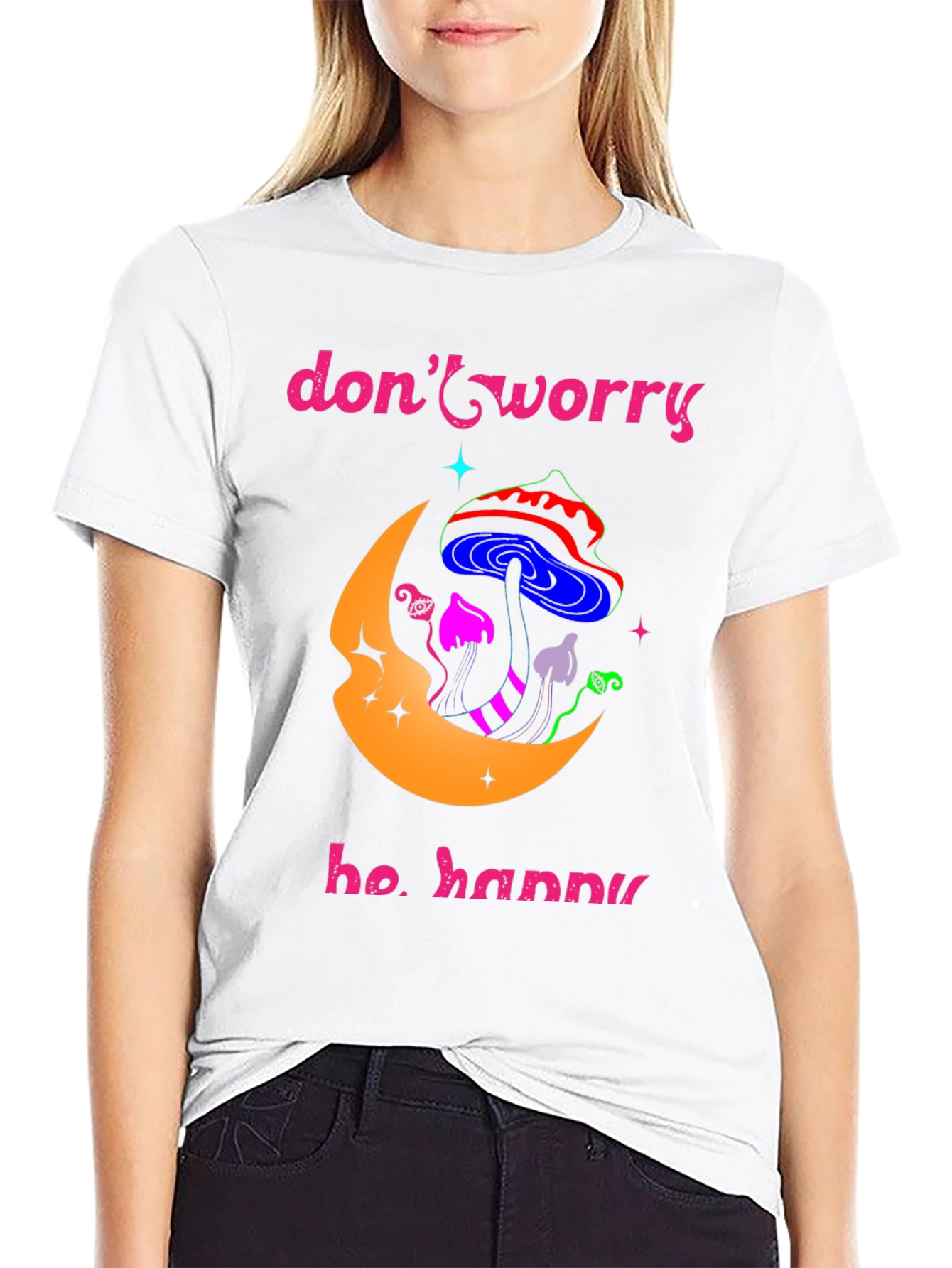 Black Don't Worry Be Happy Graphic T-Shirt view 9
