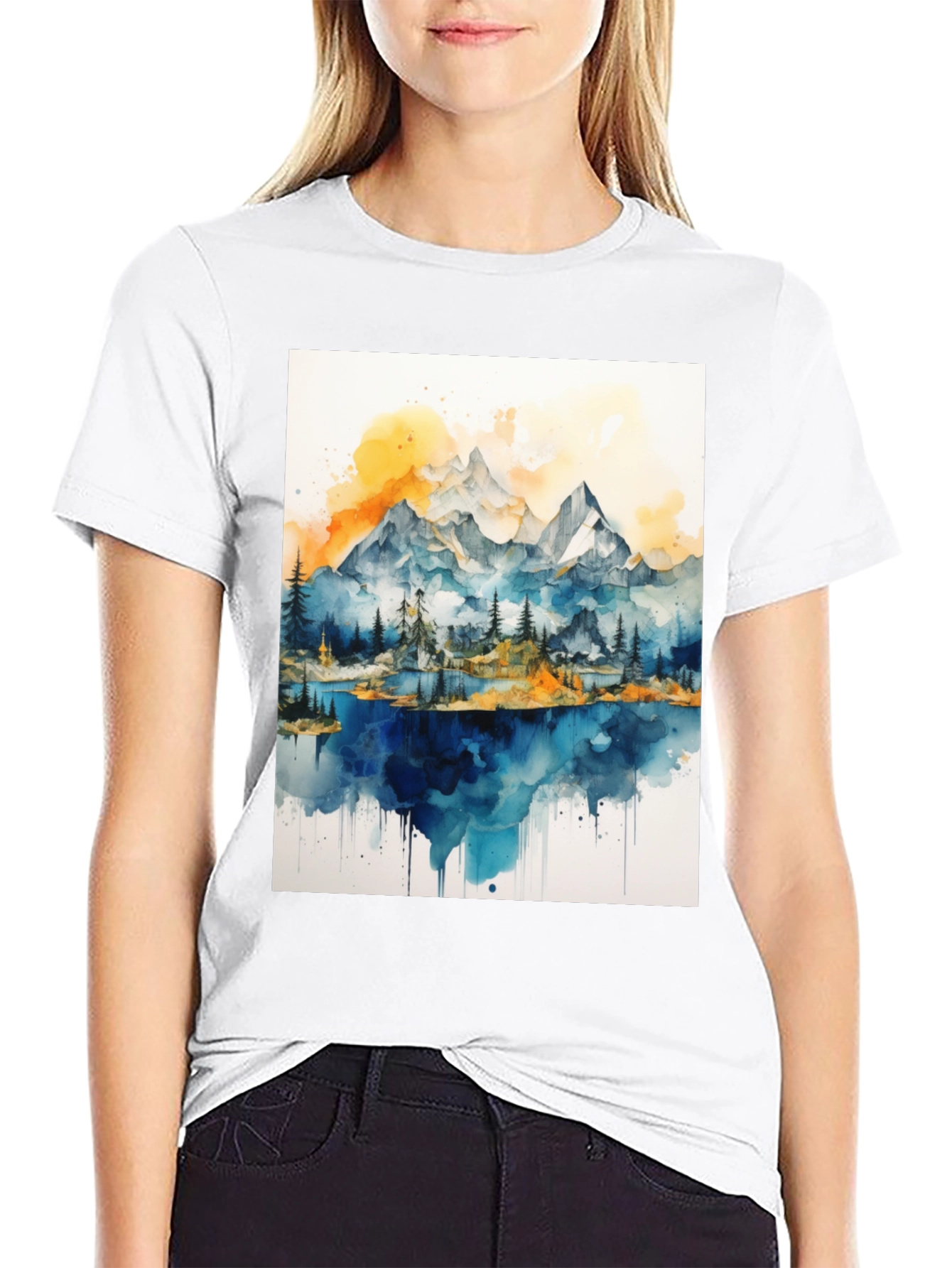 Black Watercolor Mountain Lake Graphic Tee view 9