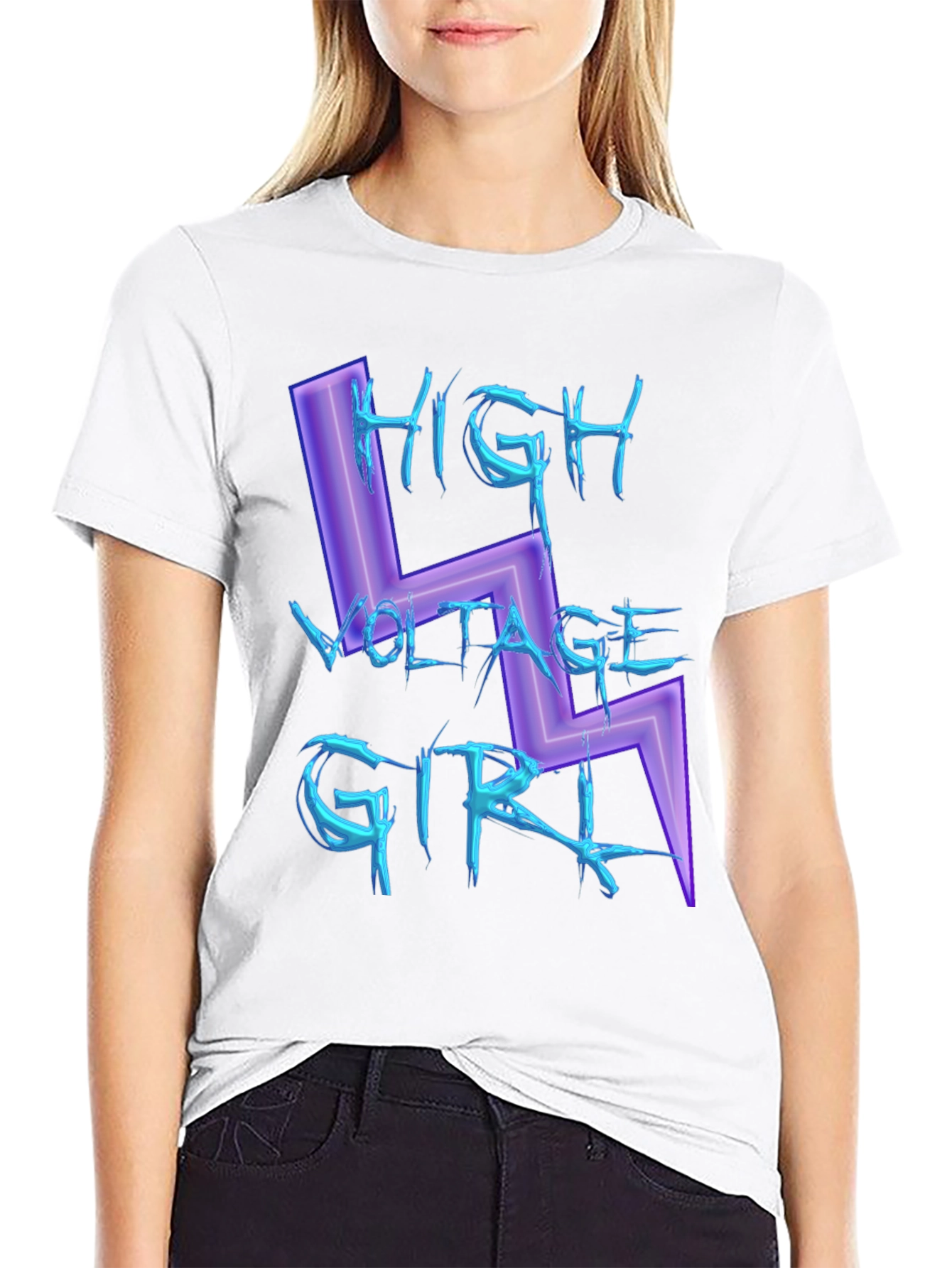 Black High Voltage Girl Graphic Print Black T-Shirt view 9