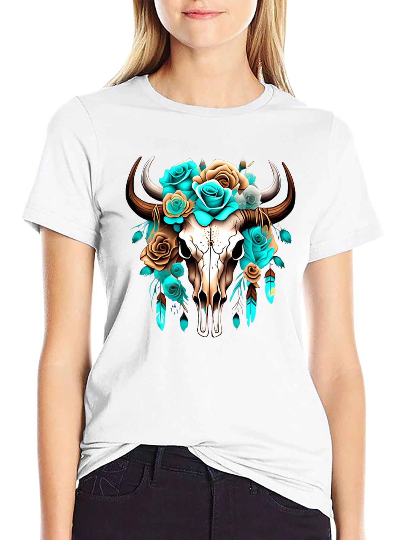 Black Floral Bull Skull Graphic Tee - Western Style view 9