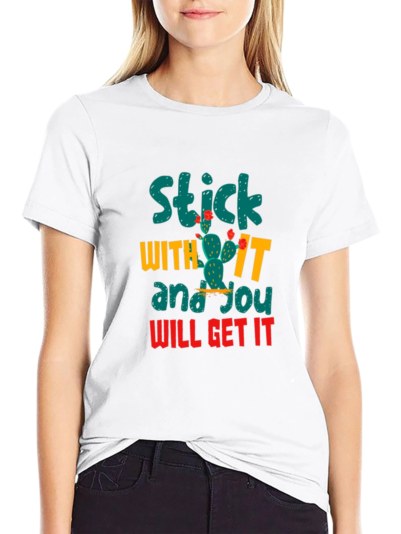 Black Motivational Cactus T-Shirt - Stick With It! view 9