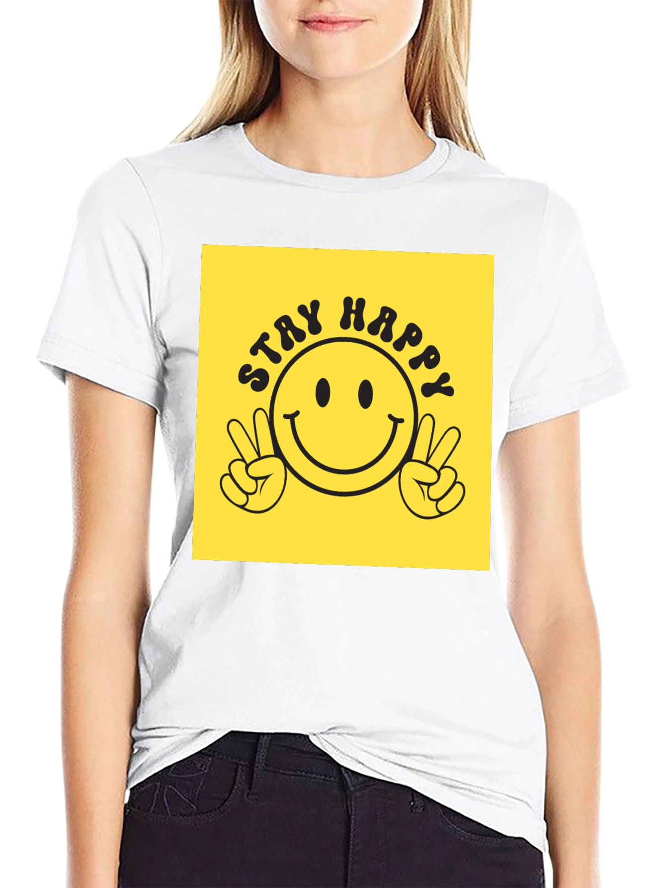 Black Stay Happy Graphic Tee - Retro Smiley Face T-Shirt view 9