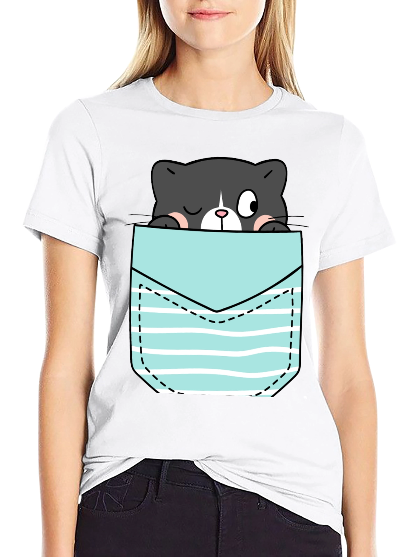 Black Black T-Shirt with Peek-a-Boo Cat Pocket Design view 9