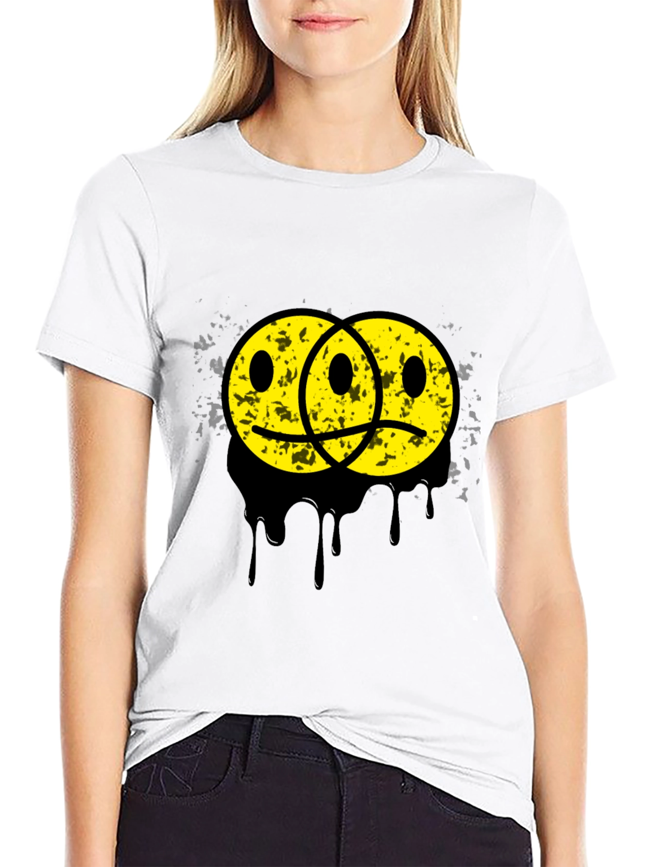 Black Sad Happy Face Graphic Tee - Unisex Black T-Shirt view 9