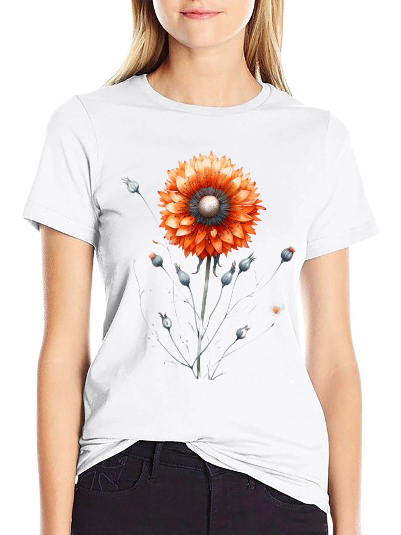 Black Floral Graphic Tee - Orange Bloom on Black view 9
