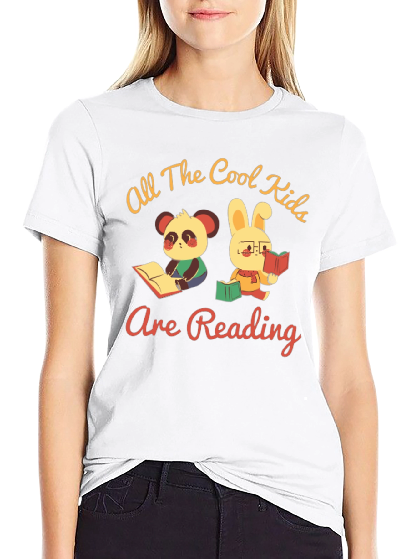 Black Cool Kids Reading T-Shirt: Panda & Bunny view 9