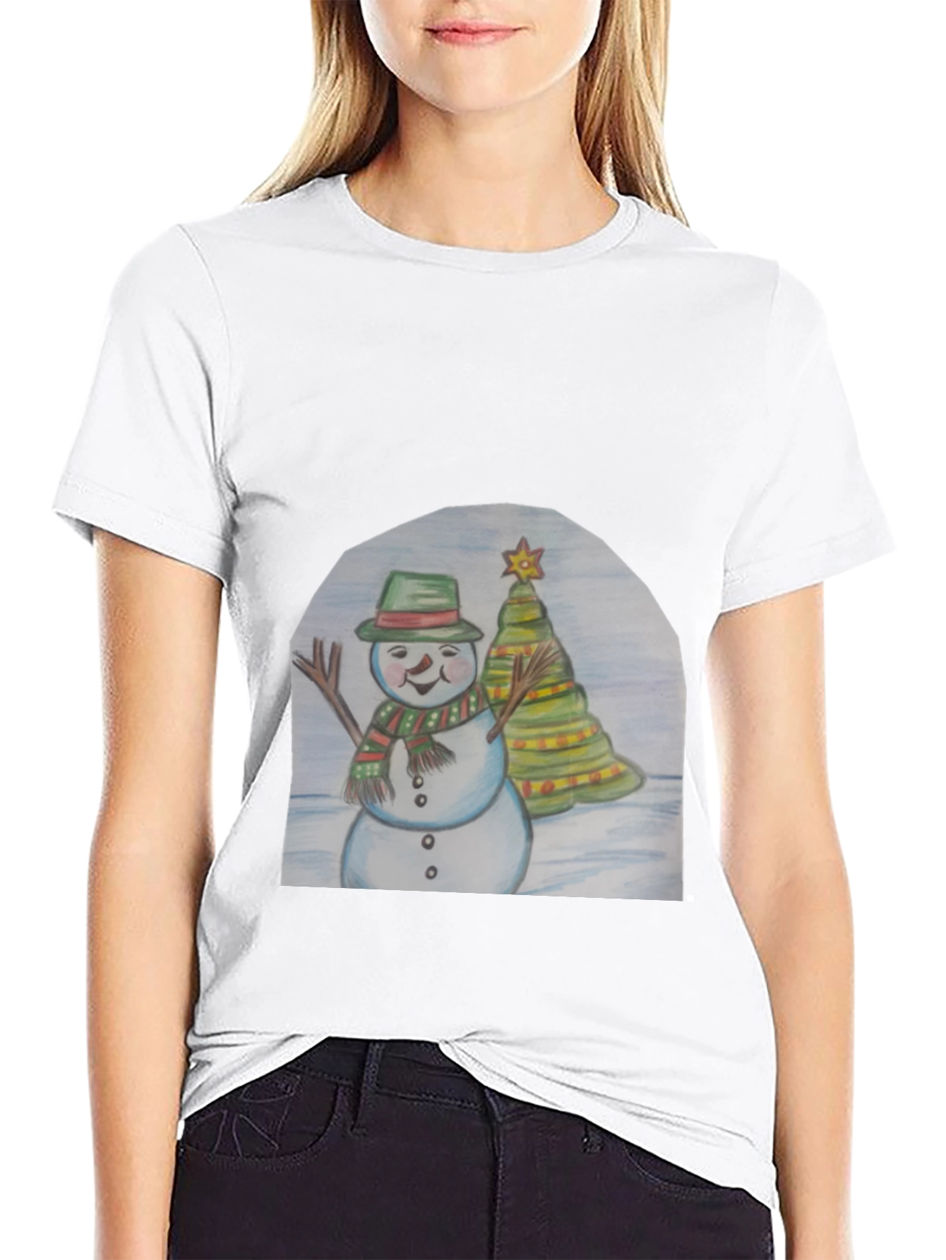 Black Festive Snowman & Christmas Tree T-Shirt view 9