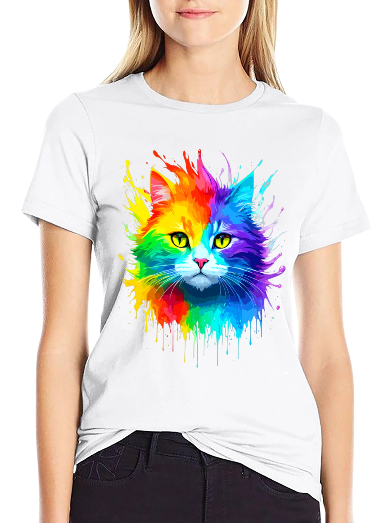 Black Rainbow Cat Graphic Tee - Vibrant Design view 9
